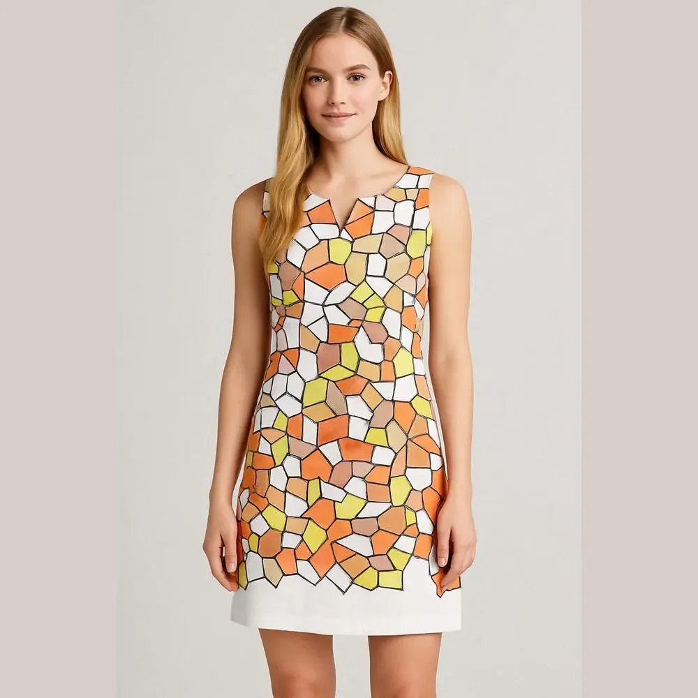 Cece's New York White Yellow Abstract 70s Vibe Sleeveless Lined Shift Dress 6 - Picture 1 of 9